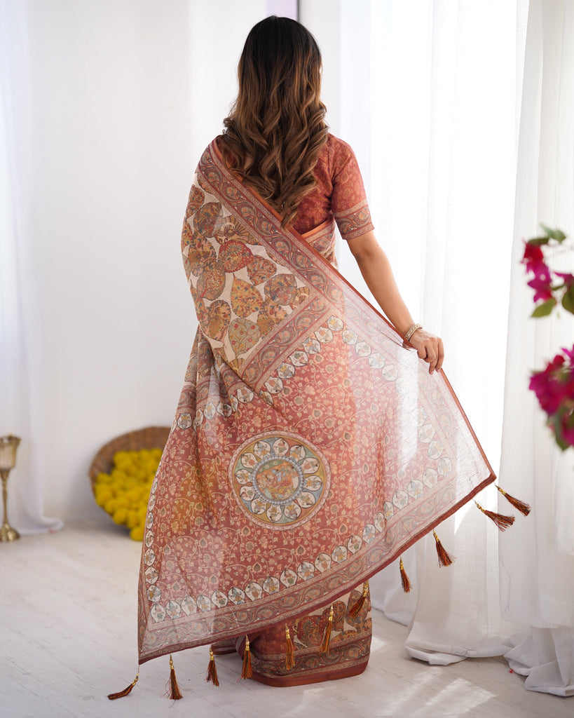 Rust Beige Pure Linen Cotton Saree with Paisley Motifs and Mandala Artwork LINEN HANDLOOM