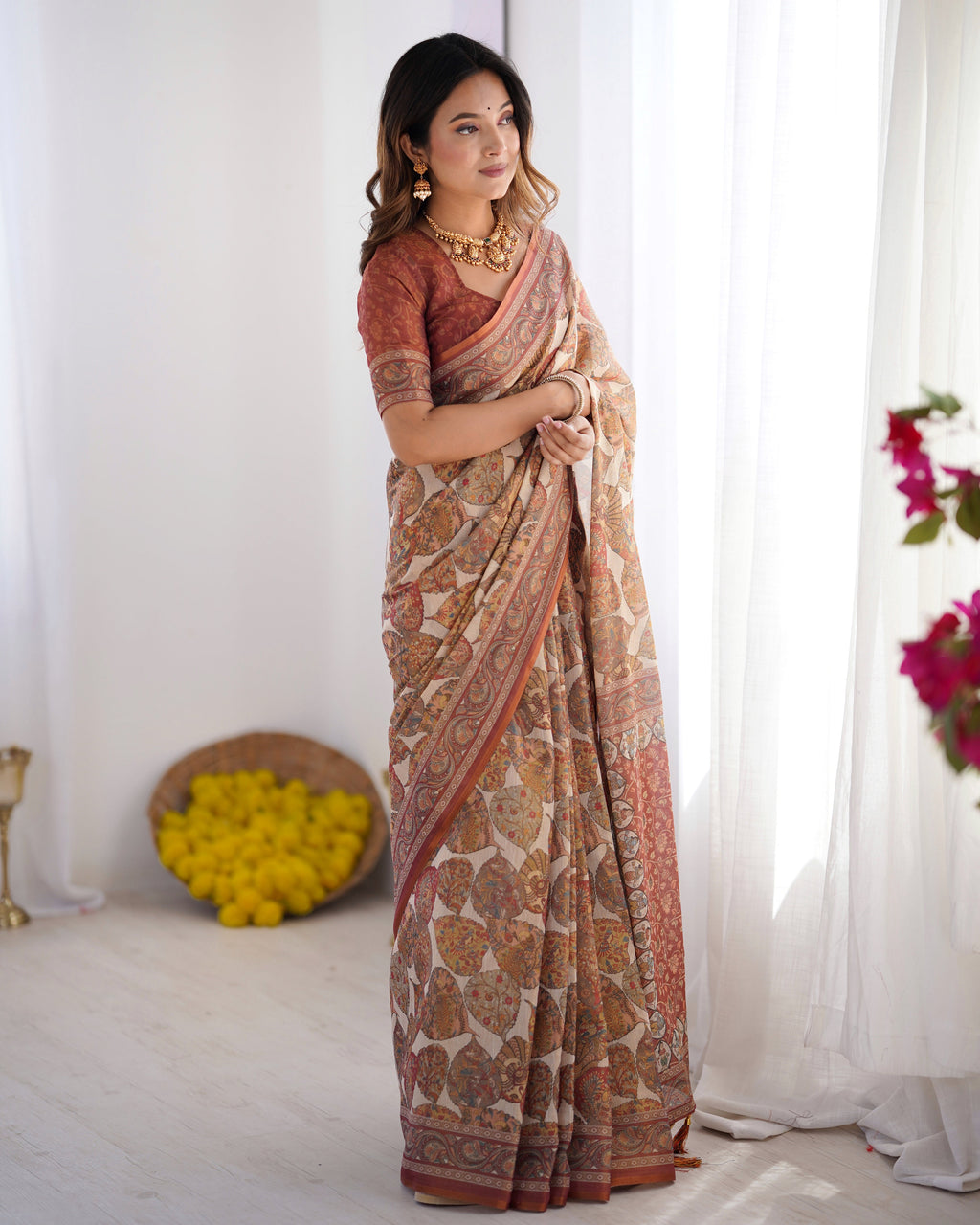 Rust Beige Pure Linen Cotton Saree with Paisley Motifs and Mandala Artwork LINEN HANDLOOM