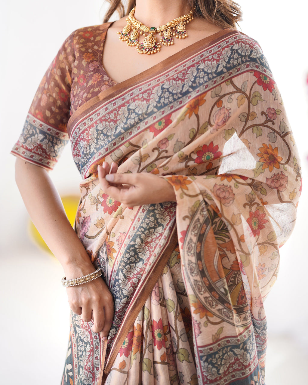 Handloom Linen Cotton Printed Saree with Traditional Mithila Art Pallu – Earthy Beige & Maroon LINEN HANDLOOM