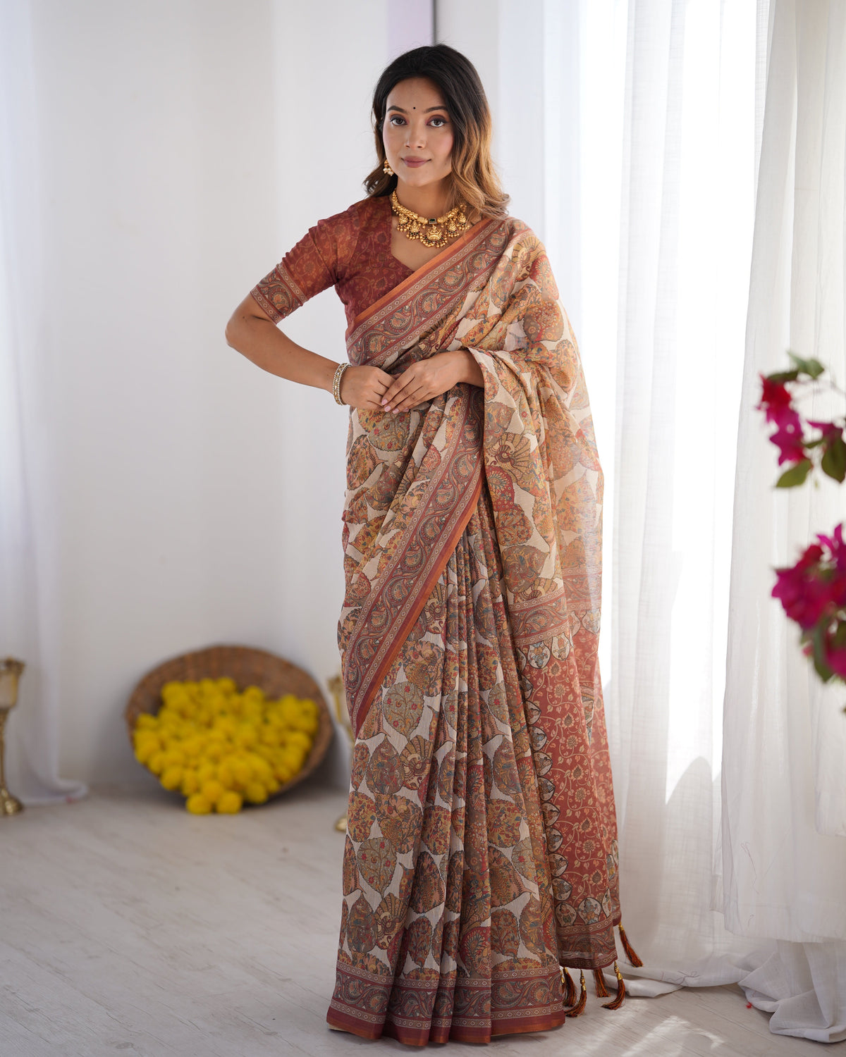 Handloom Linen Cotton Printed Saree with Traditional Mithila Art Pallu – Earthy Beige & Maroon LINEN HANDLOOM Main image