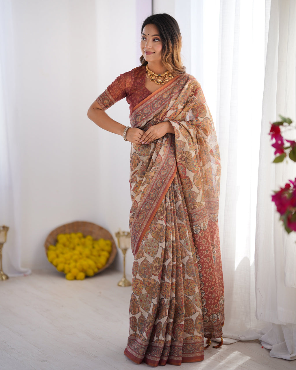 Handloom Linen Cotton Printed Saree with Traditional Mithila Art Pallu – Earthy Beige & Maroon LINEN HANDLOOM