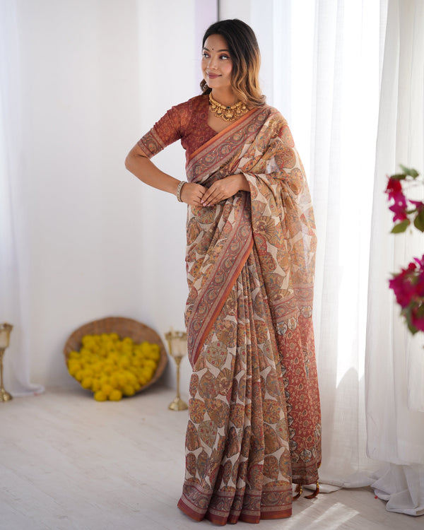 Handloom Linen Cotton Printed Saree with Traditional Mithila Art Pallu – Earthy Beige & Maroon LINEN HANDLOOM