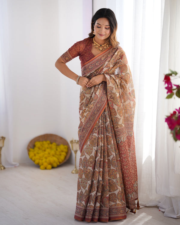 Handloom Linen Cotton Printed Saree with Traditional Mithila Art Pallu – Earthy Beige & Maroon LINEN HANDLOOM