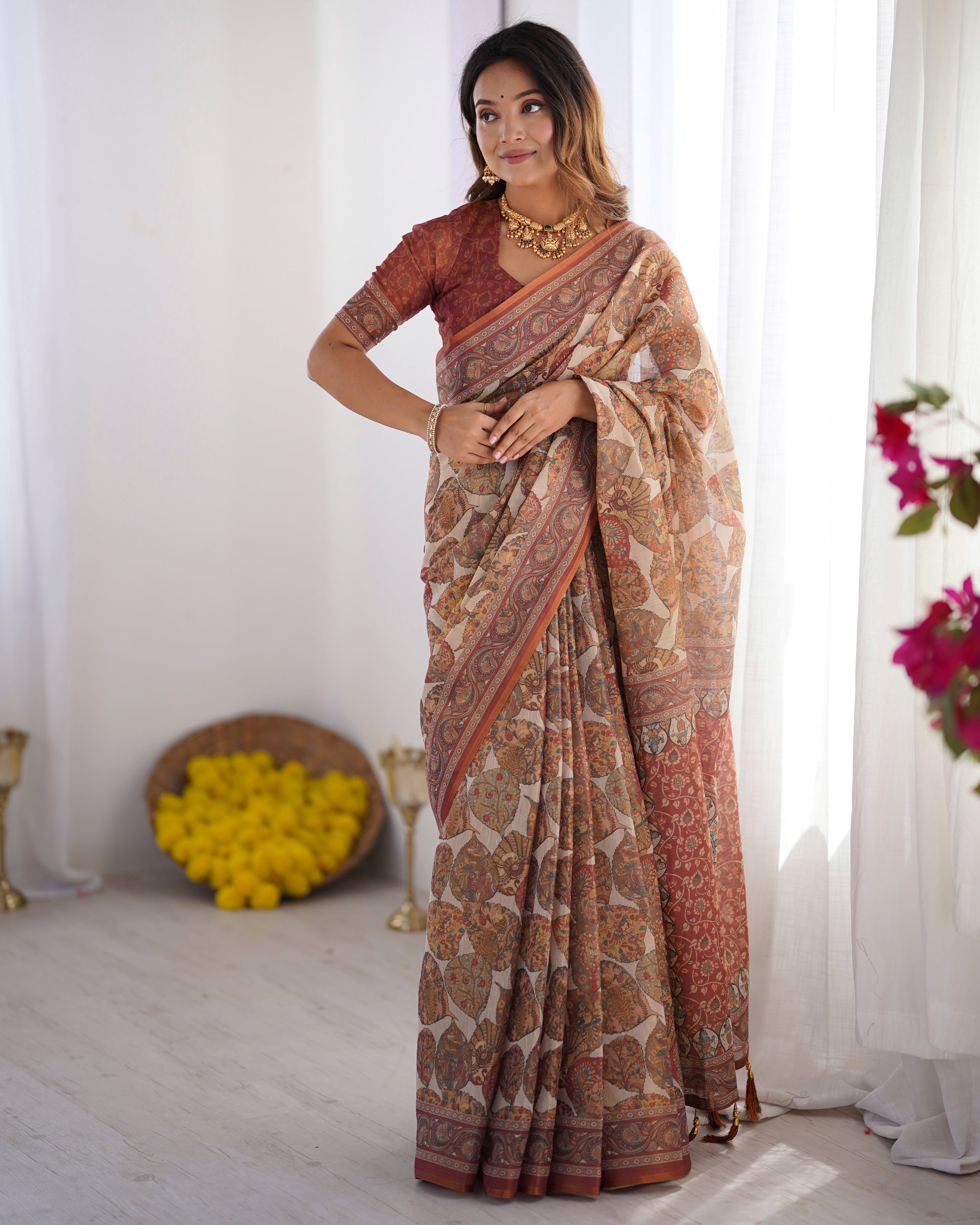 Handloom Linen Cotton Printed Saree with Traditional Mithila Art Pallu – Earthy Beige & Maroon LINEN HANDLOOM