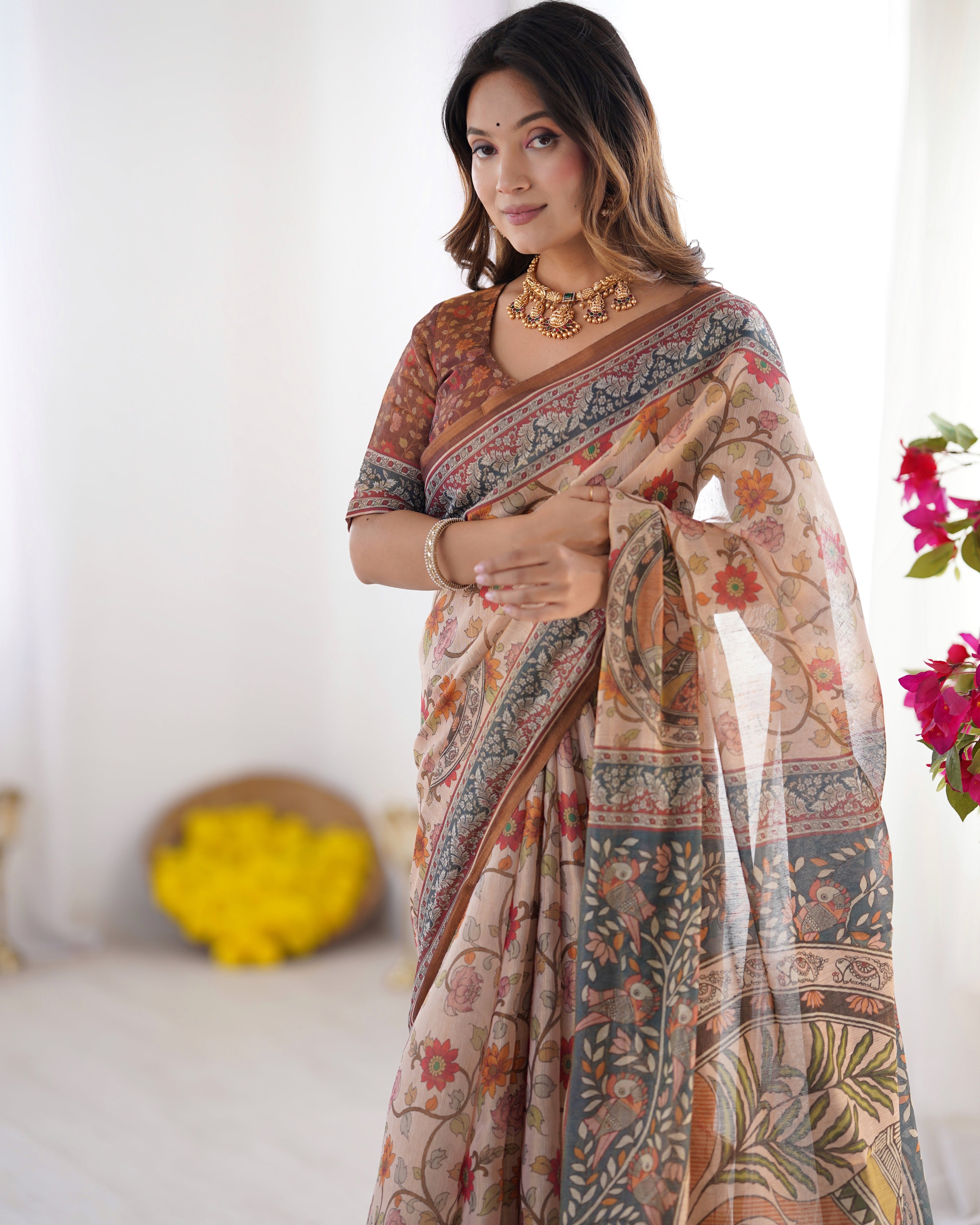 Handloom Linen Cotton Printed Saree with Traditional Mithila Art Pallu – Earthy Beige & Maroon LINEN HANDLOOM
