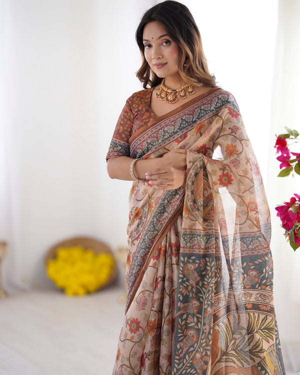 Handloom Linen Cotton Printed Saree with Traditional Mithila Art Pallu – Earthy Beige & Maroon LINEN HANDLOOM