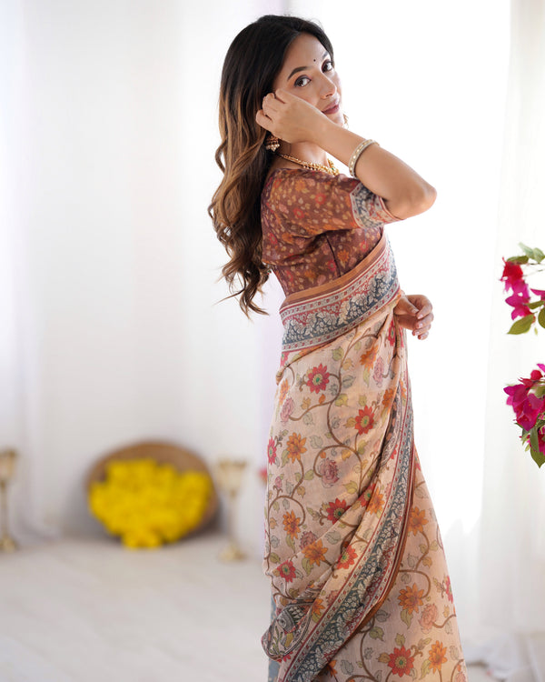 Handloom Linen Cotton Printed Saree with Traditional Mithila Art Pallu – Earthy Beige & Maroon LINEN HANDLOOM