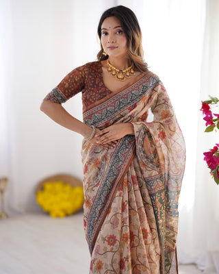 Handloom Linen Cotton Printed Saree with Traditional Mithila Art Pallu – Earthy Beige & Maroon LINEN HANDLOOM