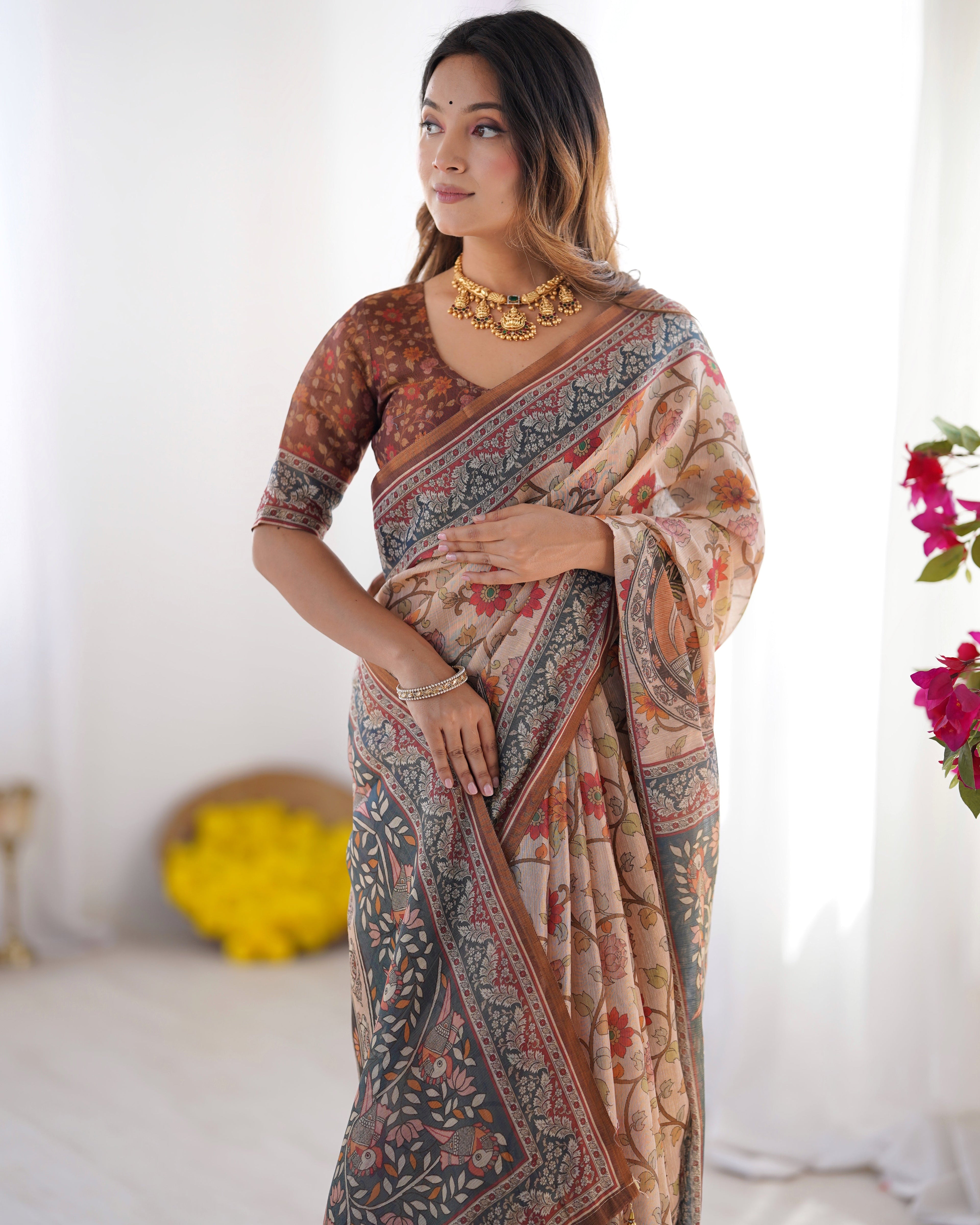 Handloom Linen Cotton Printed Saree with Traditional Mithila Art Pallu – Earthy Beige & Maroon LINEN HANDLOOM
