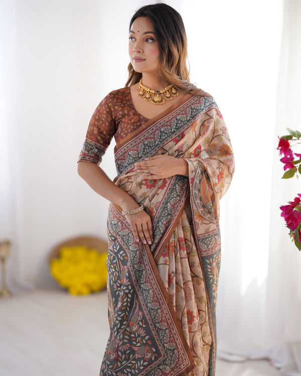 Handloom Linen Cotton Printed Saree with Traditional Mithila Art Pallu – Earthy Beige & Maroon LINEN HANDLOOM