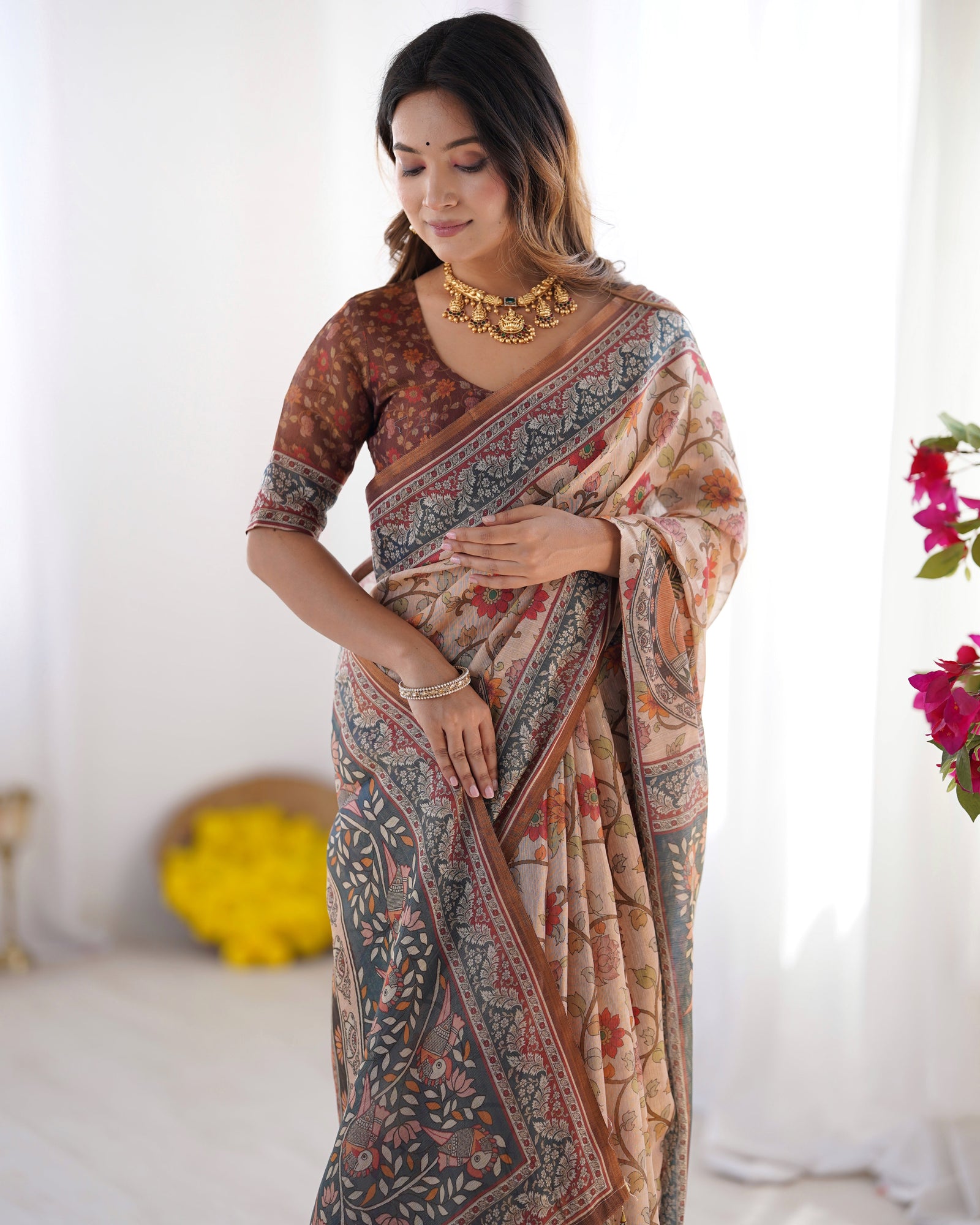 Handloom Linen Cotton Printed Saree with Traditional Mithila Art Pallu – Earthy Beige & Maroon LINEN HANDLOOM