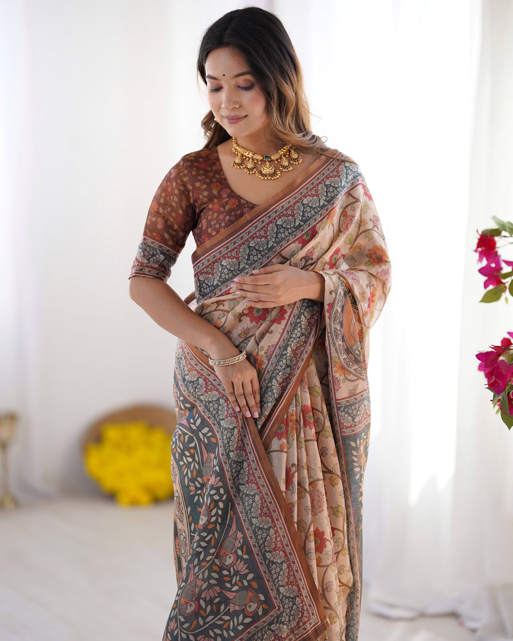Handloom Linen Cotton Printed Saree with Traditional Mithila Art Pallu – Earthy Beige & Maroon LINEN HANDLOOM