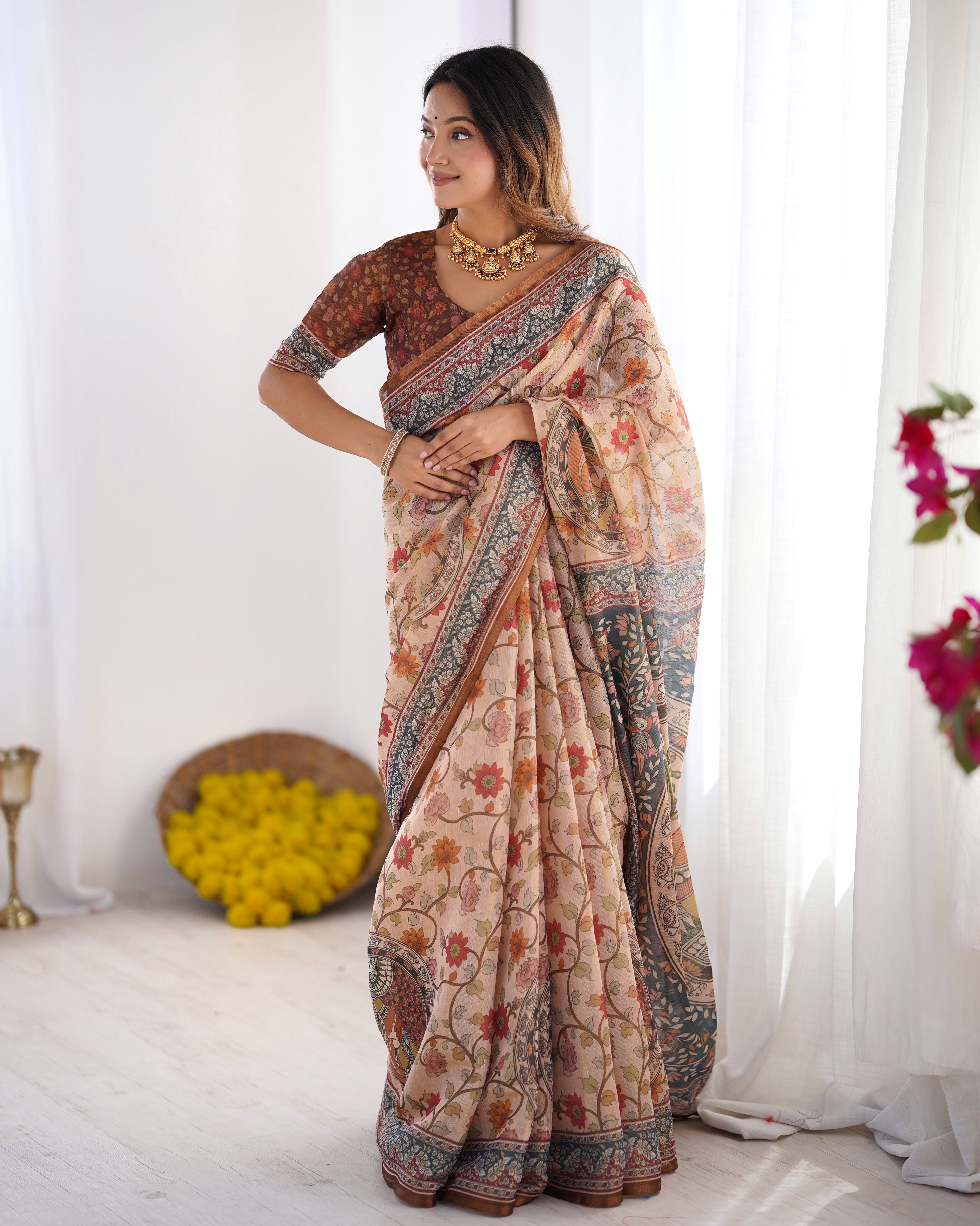 Handloom Linen Cotton Printed Saree with Traditional Mithila Art Pallu – Earthy Beige & Maroon LINEN HANDLOOM