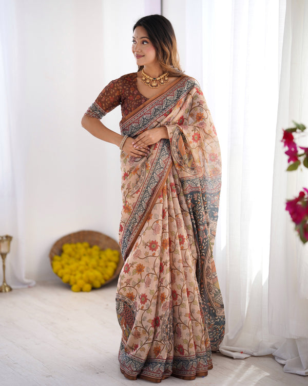 Handloom Linen Cotton Printed Saree with Traditional Mithila Art Pallu – Earthy Beige & Maroon LINEN HANDLOOM