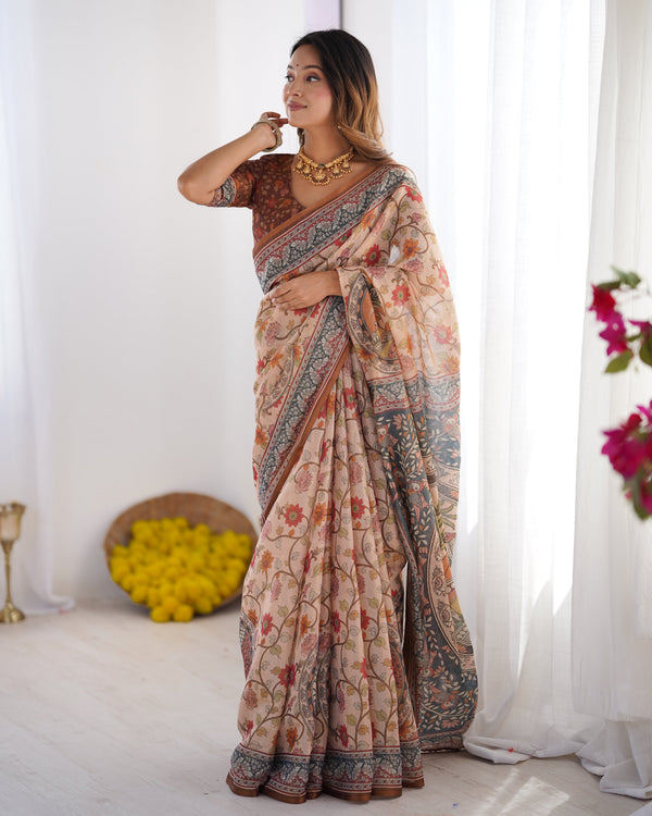 Handloom Linen Cotton Printed Saree with Traditional Mithila Art Pallu – Earthy Beige & Maroon LINEN HANDLOOM