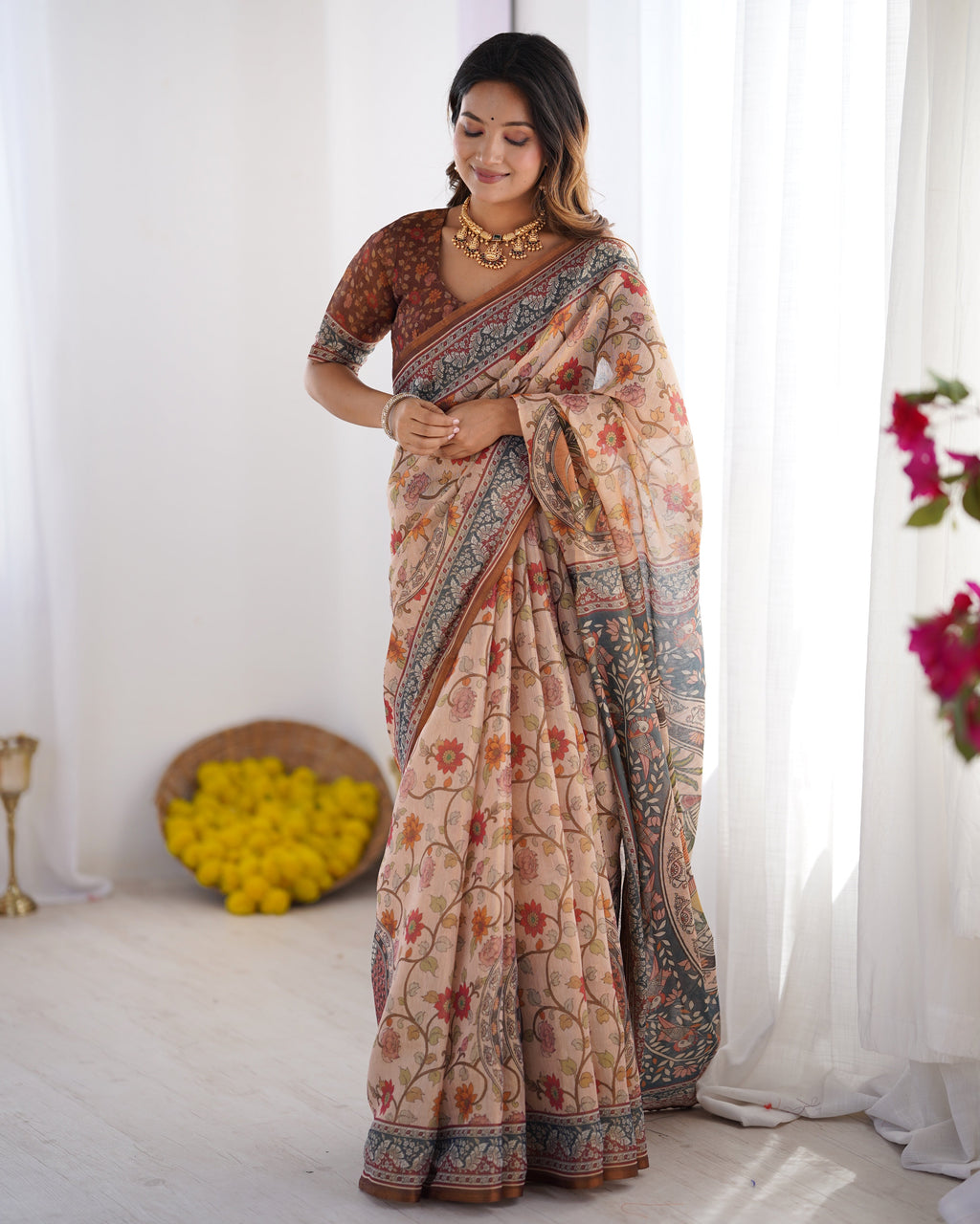 Handloom Linen Cotton Printed Saree with Traditional Mithila Art Pallu – Earthy Beige & Maroon LINEN HANDLOOM