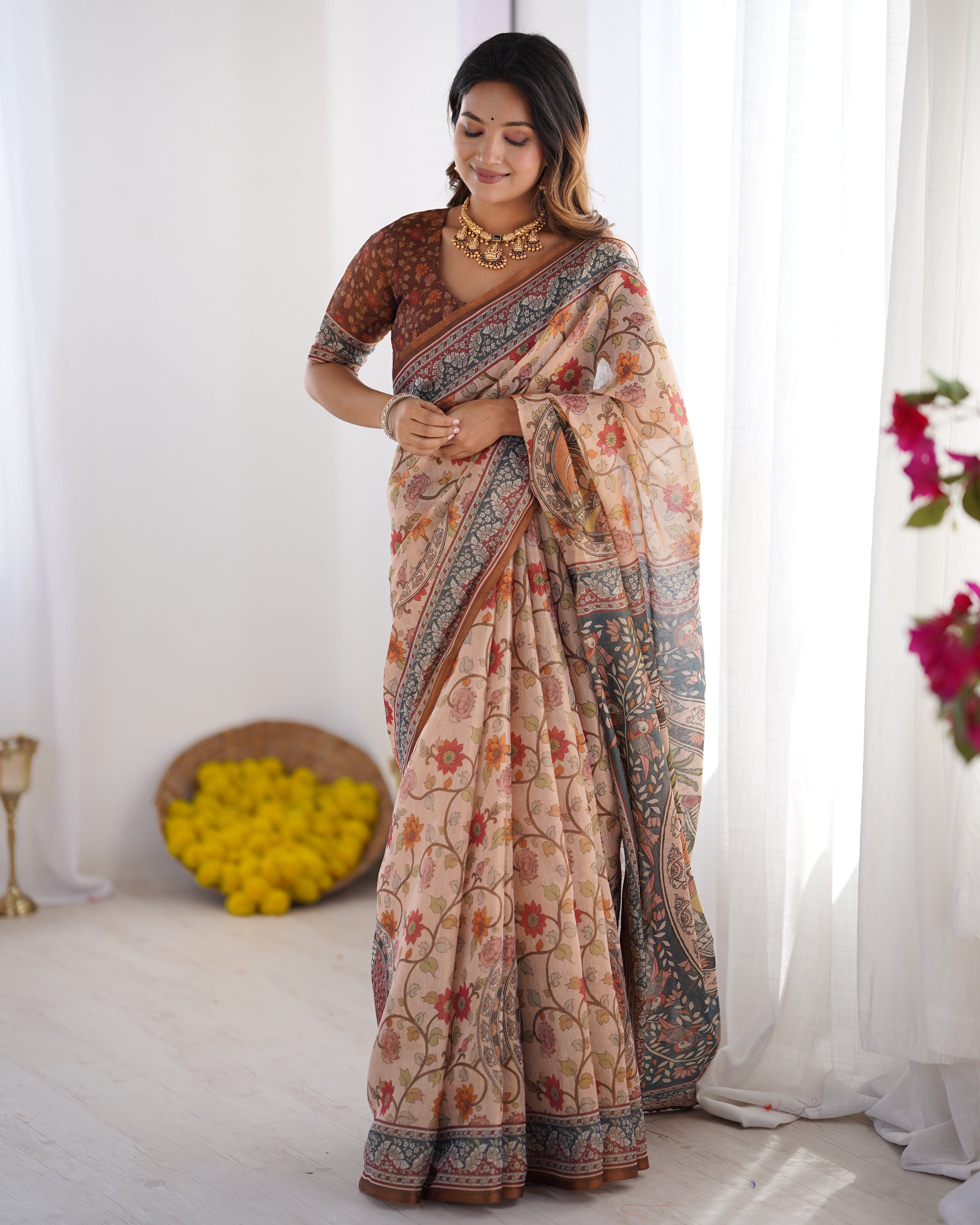 Handloom Linen Cotton Printed Saree with Traditional Mithila Art Pallu – Earthy Beige & Maroon LINEN HANDLOOM