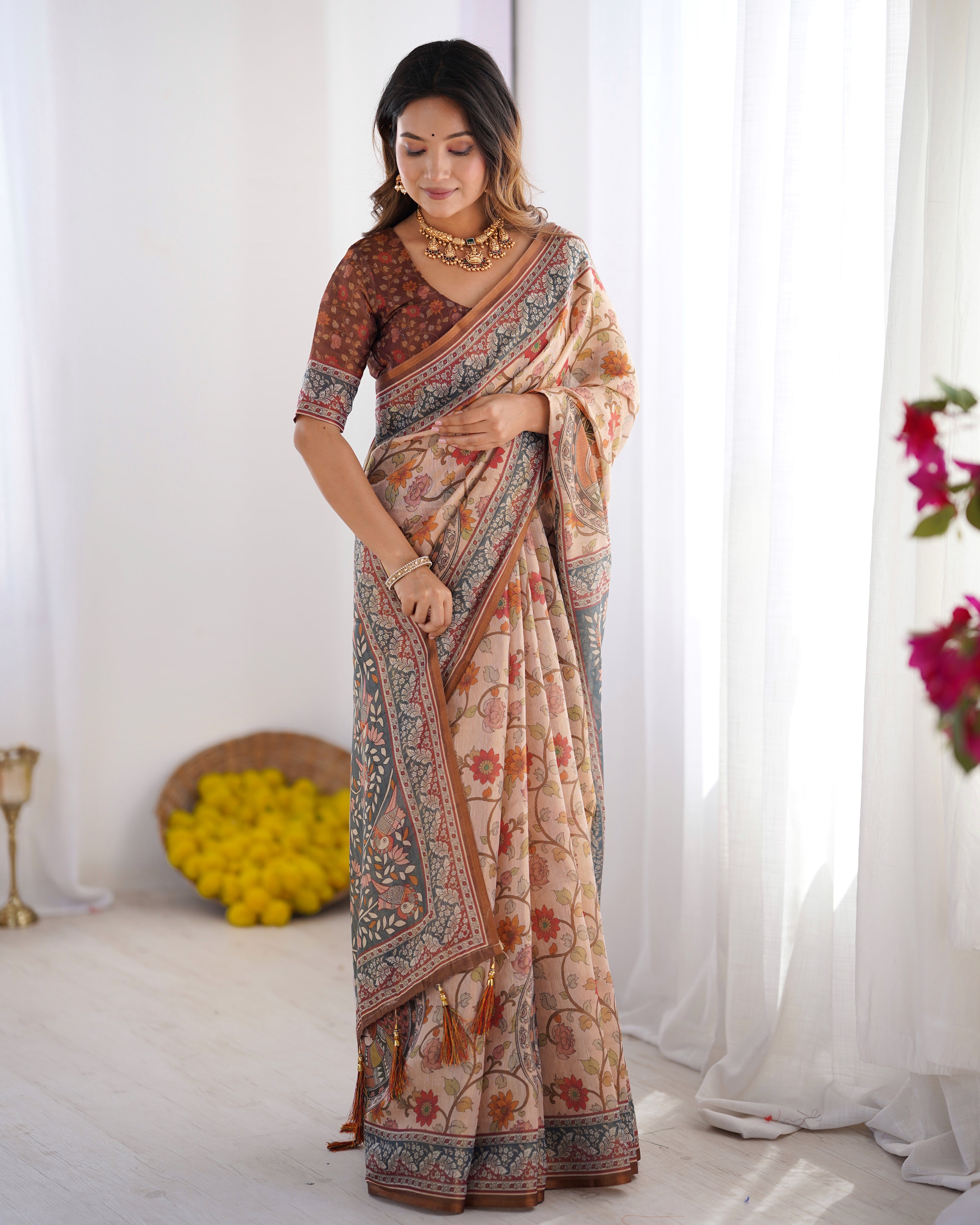 Handloom Linen Cotton Printed Saree with Traditional Mithila Art Pallu – Earthy Beige & Maroon Secondary image