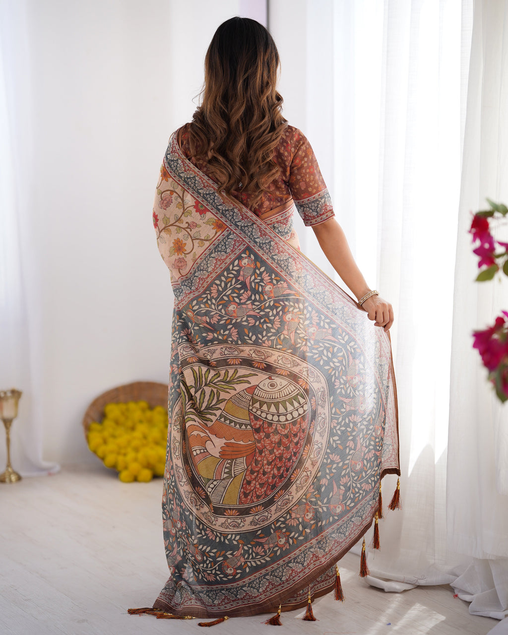 Handloom Linen Cotton Printed Saree with Traditional Mithila Art Pallu – Earthy Beige & Maroon LINEN HANDLOOM