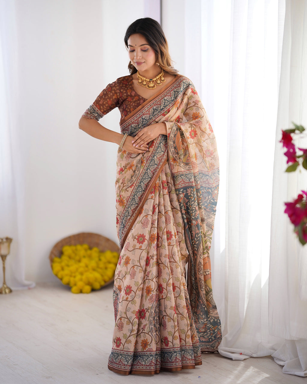 Handloom Linen Cotton Printed Saree with Traditional Mithila Art Pallu – Earthy Beige & Maroon LINEN HANDLOOM