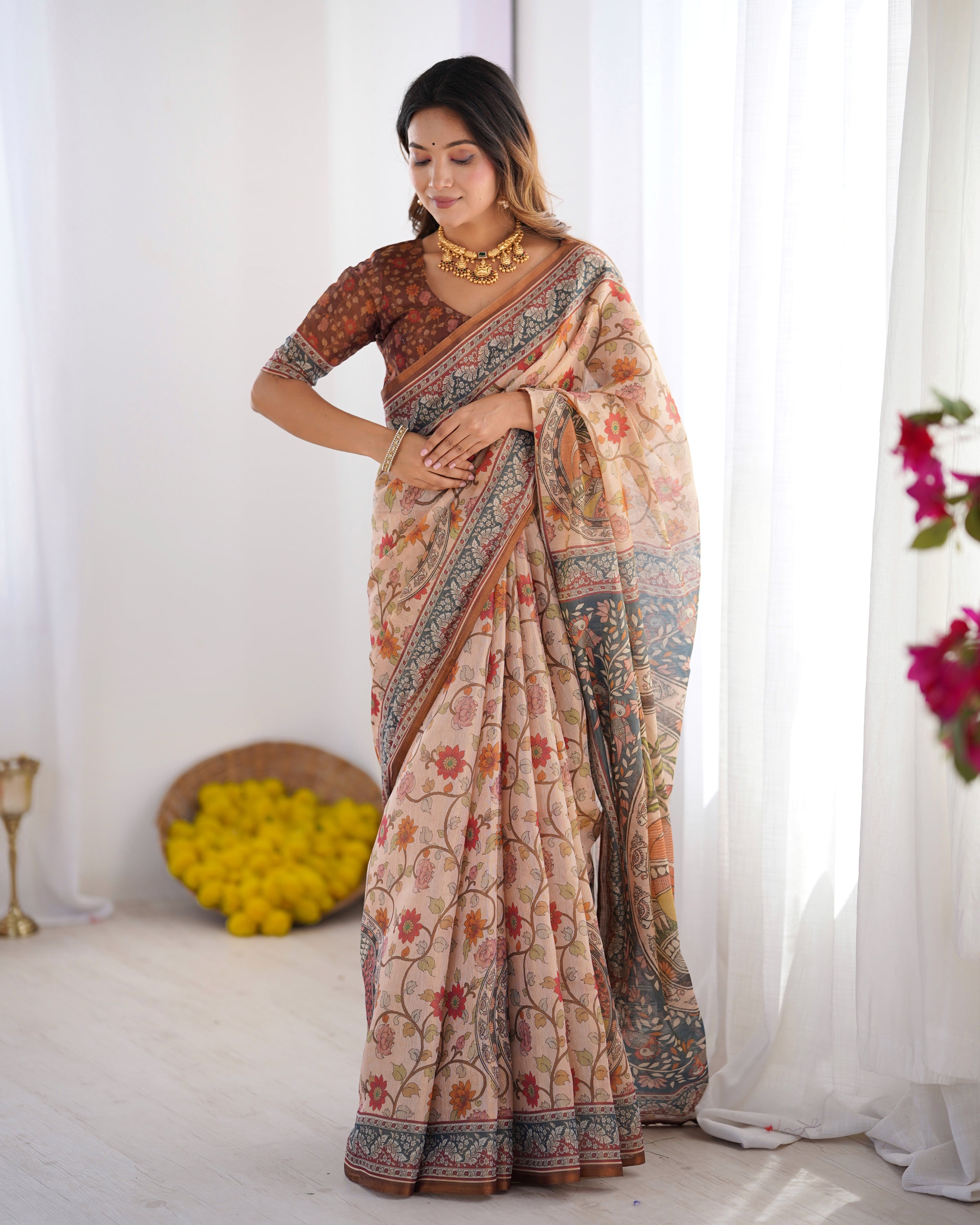 Handloom Linen Cotton Printed Saree with Traditional Mithila Art Pallu – Earthy Beige & Maroon LINEN HANDLOOM