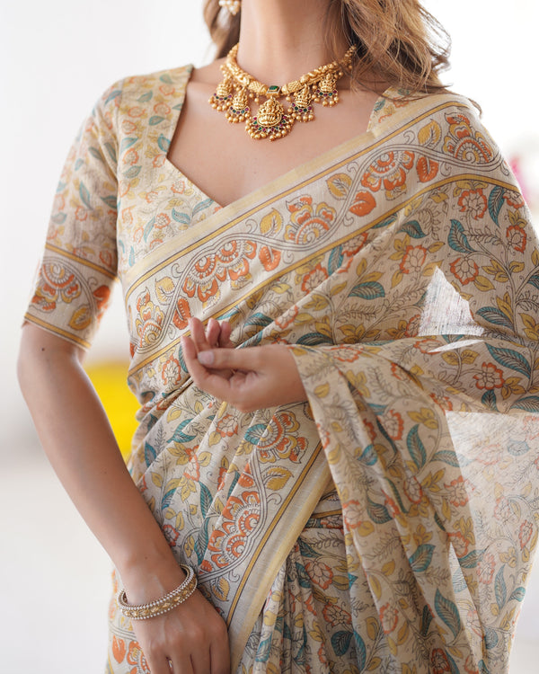 Handloom Linen Cotton Printed Saree with Mythical Animal Art Pallu – Soft Cream with Terracotta & Teal Accents LINEN HANDLOOM