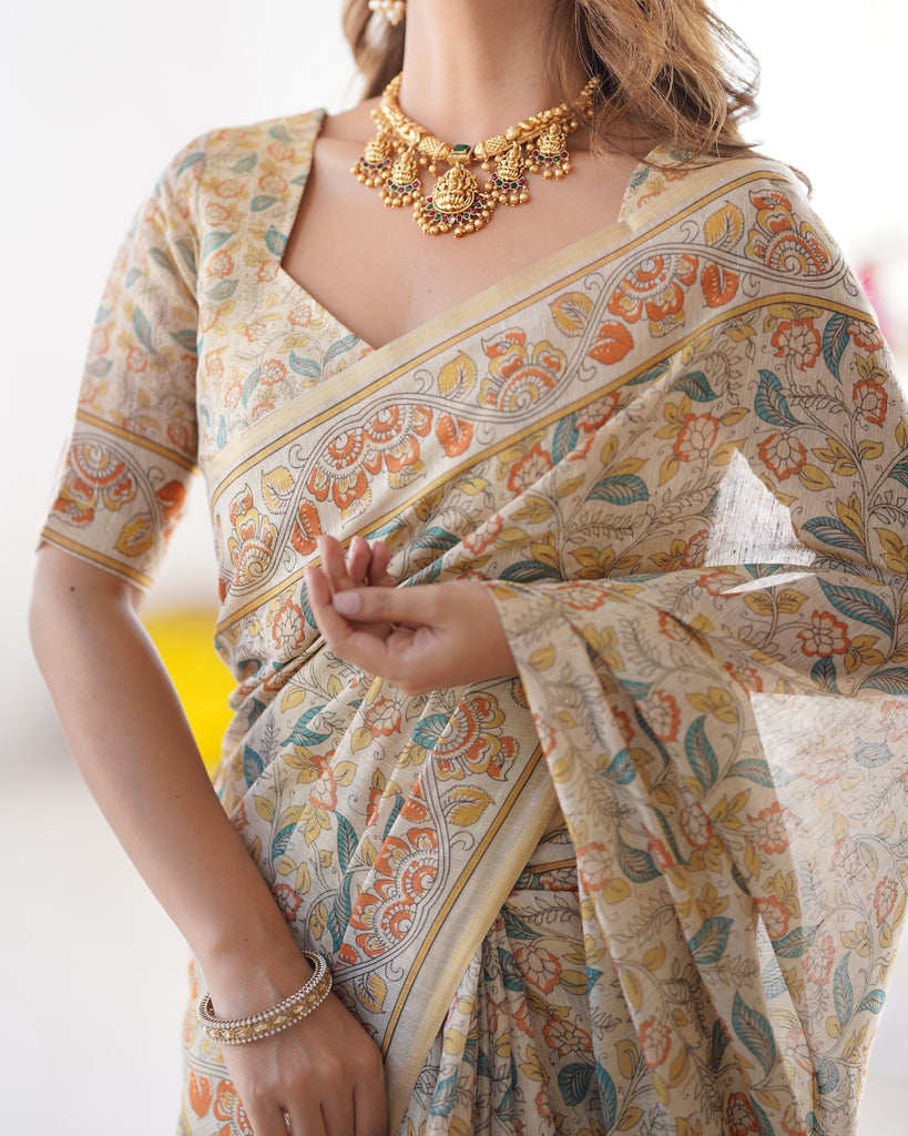 Handloom Linen Cotton Printed Saree with Mythical Animal Art Pallu – Soft Cream with Terracotta & Teal Accents LINEN HANDLOOM