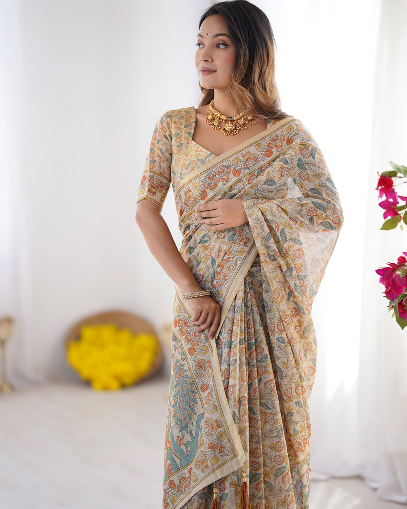 Handloom Linen Cotton Printed Saree with Mythical Animal Art Pallu – Soft Cream with Terracotta & Teal Accents LINEN HANDLOOM