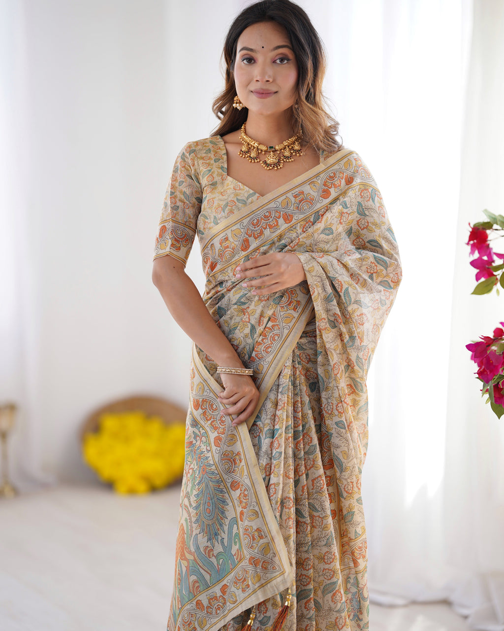 Handloom Linen Cotton Printed Saree with Mythical Animal Art Pallu – Soft Cream with Terracotta & Teal Accents LINEN HANDLOOM