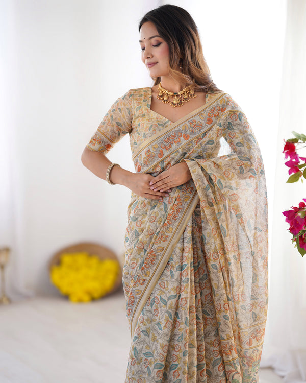 Handloom Linen Cotton Printed Saree with Mythical Animal Art Pallu – Soft Cream with Terracotta & Teal Accents LINEN HANDLOOM