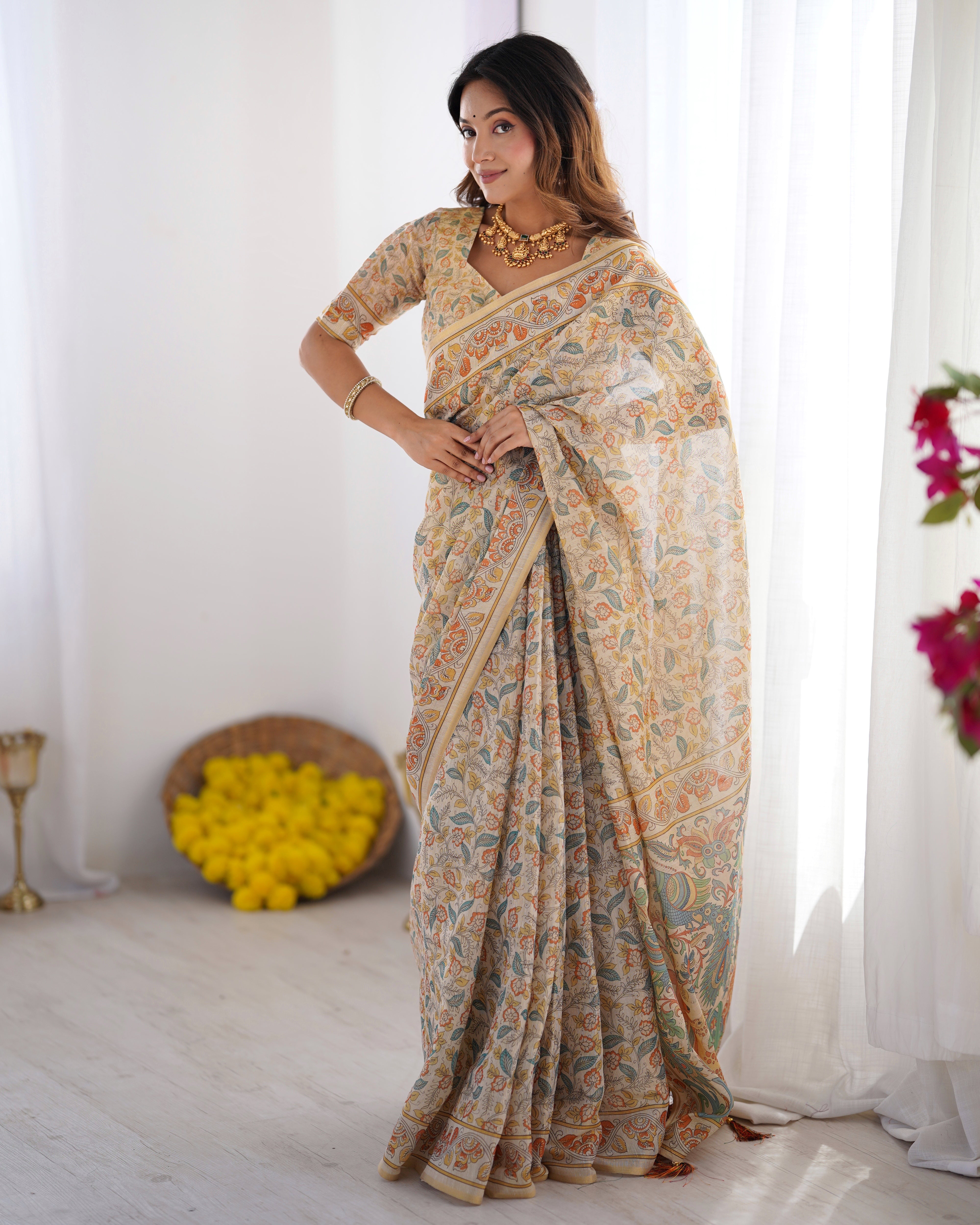 Handloom Linen Cotton Printed Saree with Mythical Animal Art Pallu – Soft Cream with Terracotta & Teal Accents Secondary image