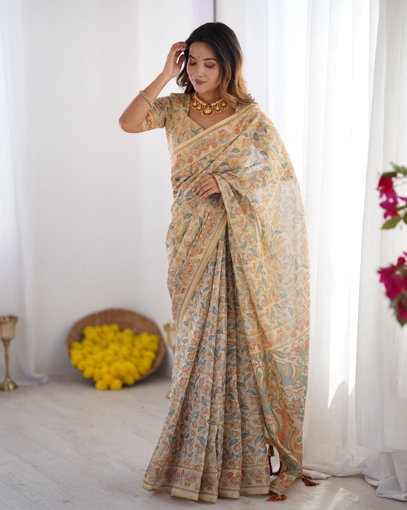 Handloom Linen Cotton Printed Saree with Mythical Animal Art Pallu – Soft Cream with Terracotta & Teal Accents LINEN HANDLOOM