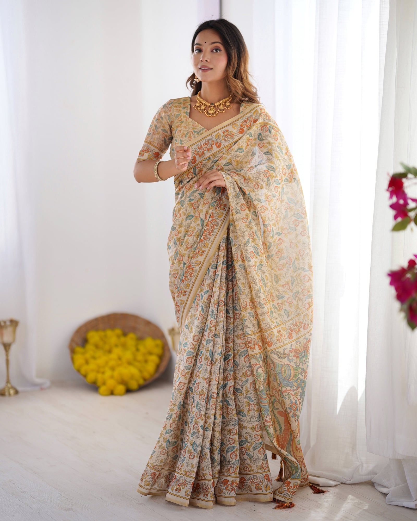 Handloom Linen Cotton Printed Saree with Mythical Animal Art Pallu – Soft Cream with Terracotta & Teal Accents LINEN HANDLOOM