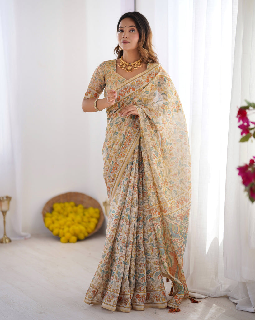 Handloom Linen Cotton Printed Saree with Mythical Animal Art Pallu – Soft Cream with Terracotta & Teal Accents LINEN HANDLOOM