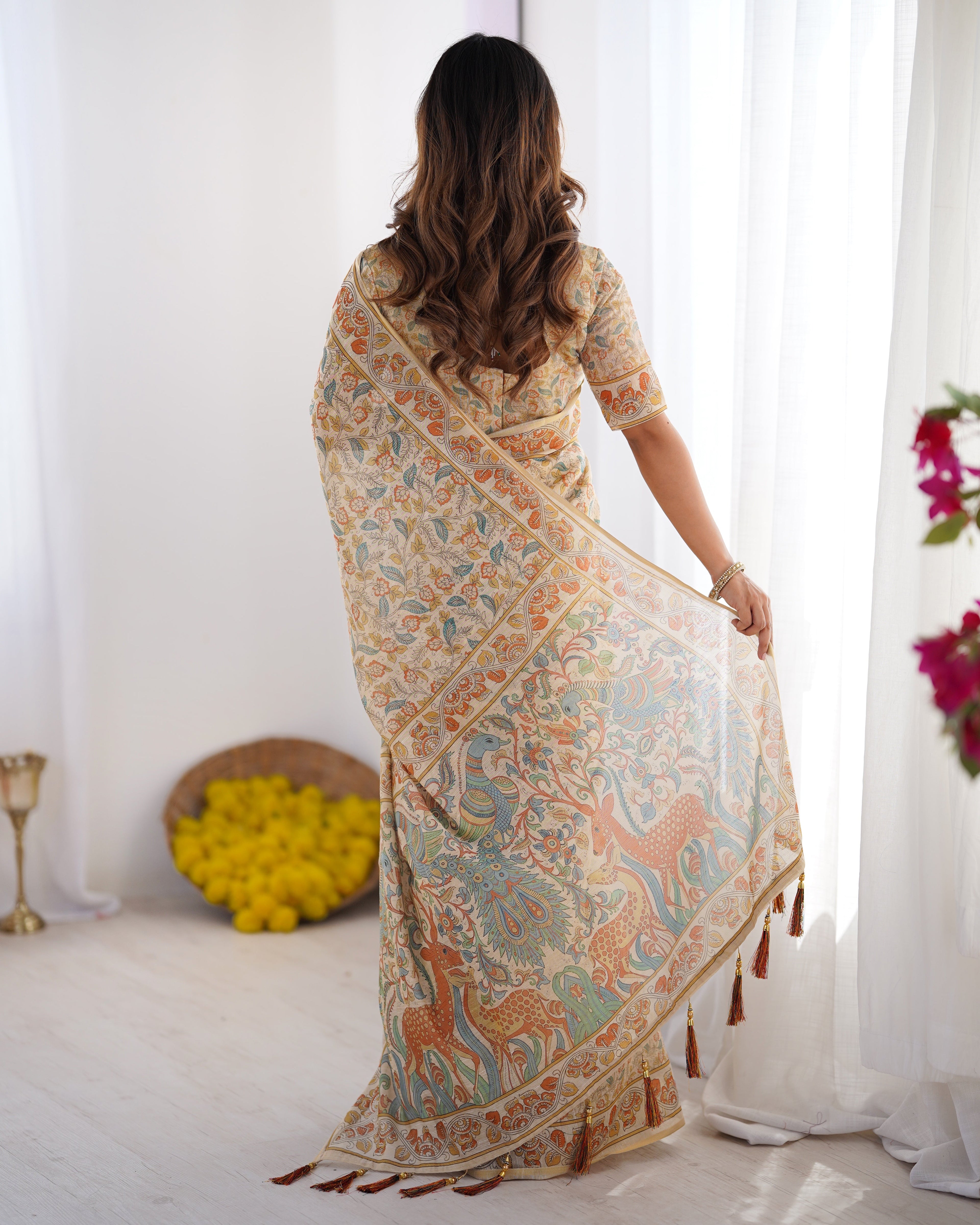 Handloom Linen Cotton Printed Saree with Mythical Animal Art Pallu – Soft Cream with Terracotta & Teal Accents LINEN HANDLOOM