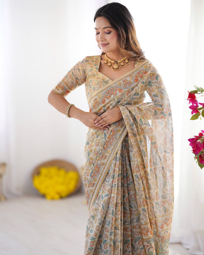 Handloom Linen Cotton Printed Saree with Mythical Animal Art Pallu – Soft Cream with Terracotta & Teal Accents LINEN HANDLOOM