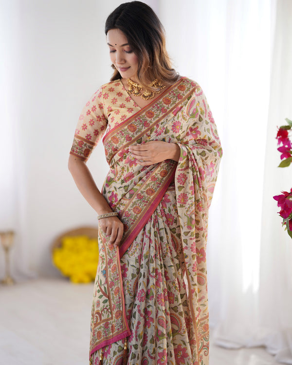 Cream Pink Handloom Linen Cotton Printed Saree with Folk Art Bird Motif Pallu LINEN HANDLOOM