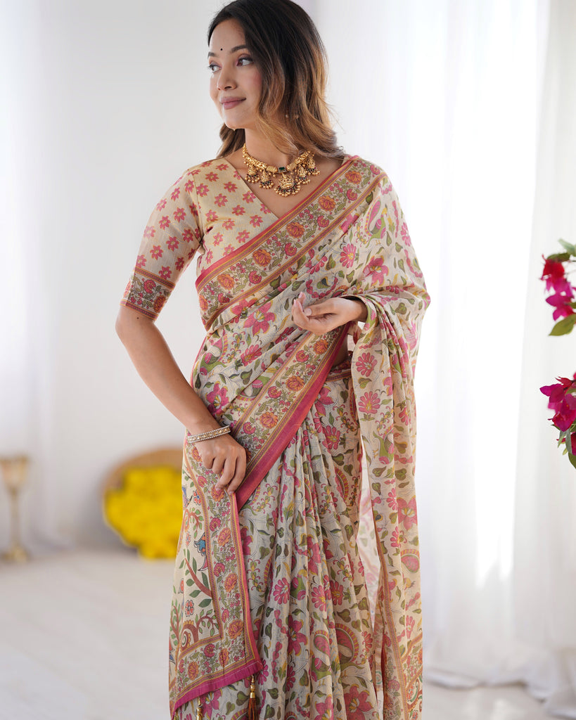Cream Pink Handloom Linen Cotton Printed Saree with Folk Art Bird Motif Pallu LINEN HANDLOOM