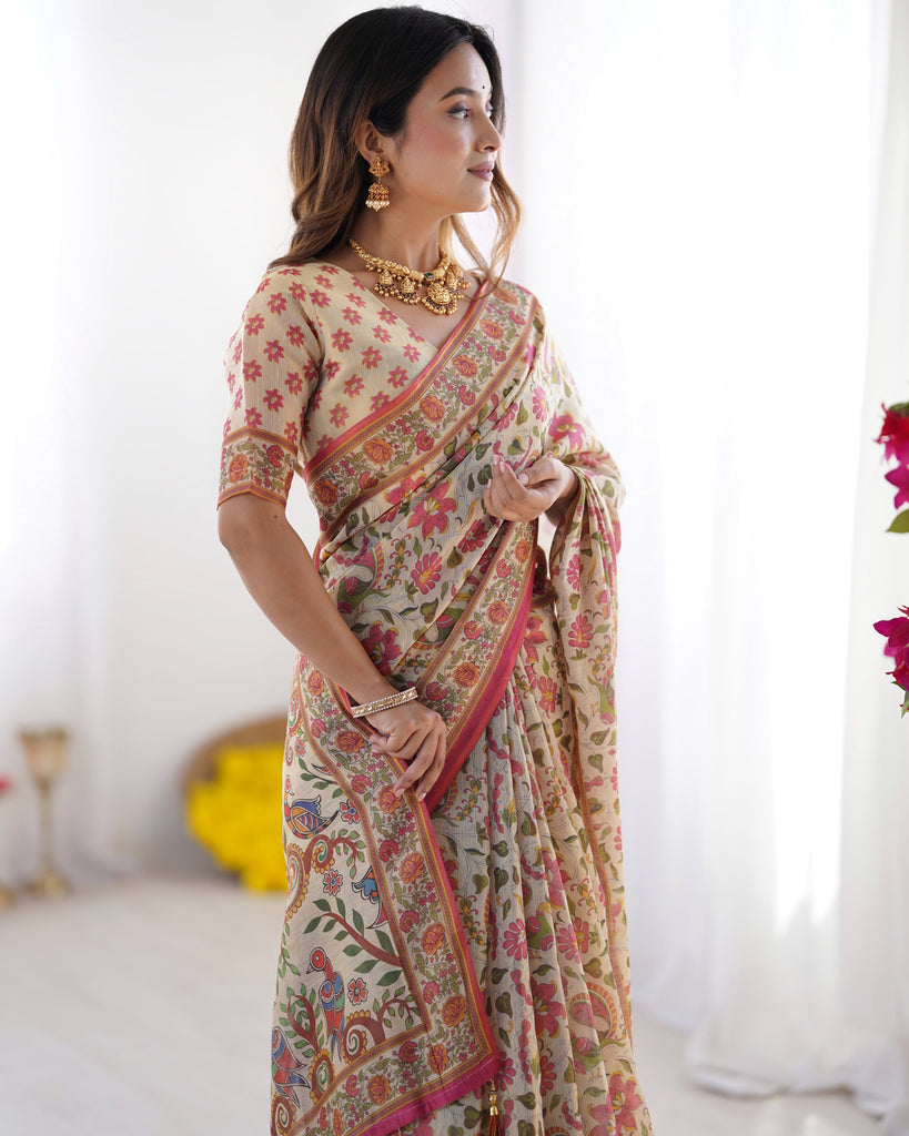 Cream Pink Handloom Linen Cotton Printed Saree with Folk Art Bird Motif Pallu LINEN HANDLOOM