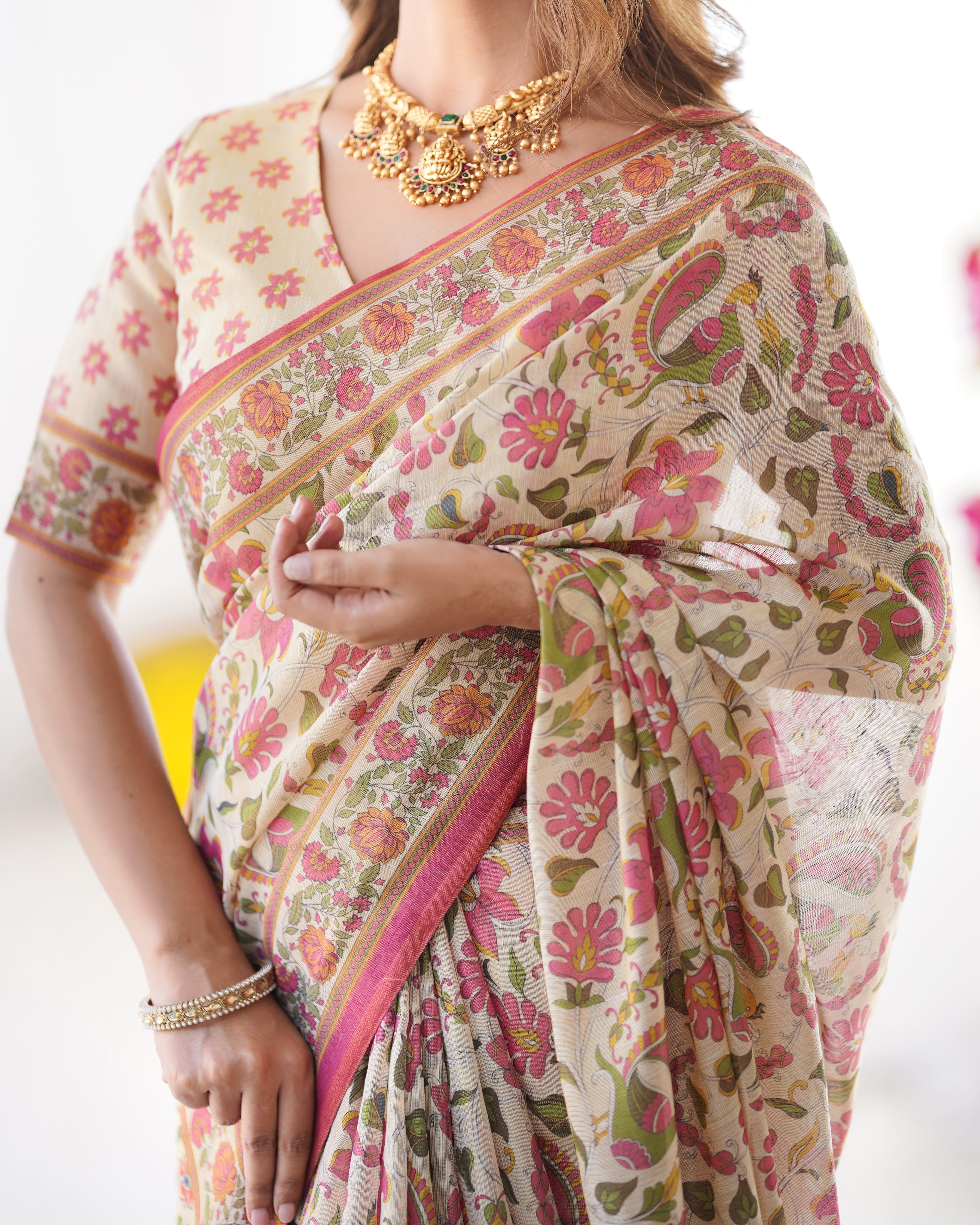Cream Pink Handloom Linen Cotton Printed Saree with Folk Art Bird Motif Pallu LINEN HANDLOOM