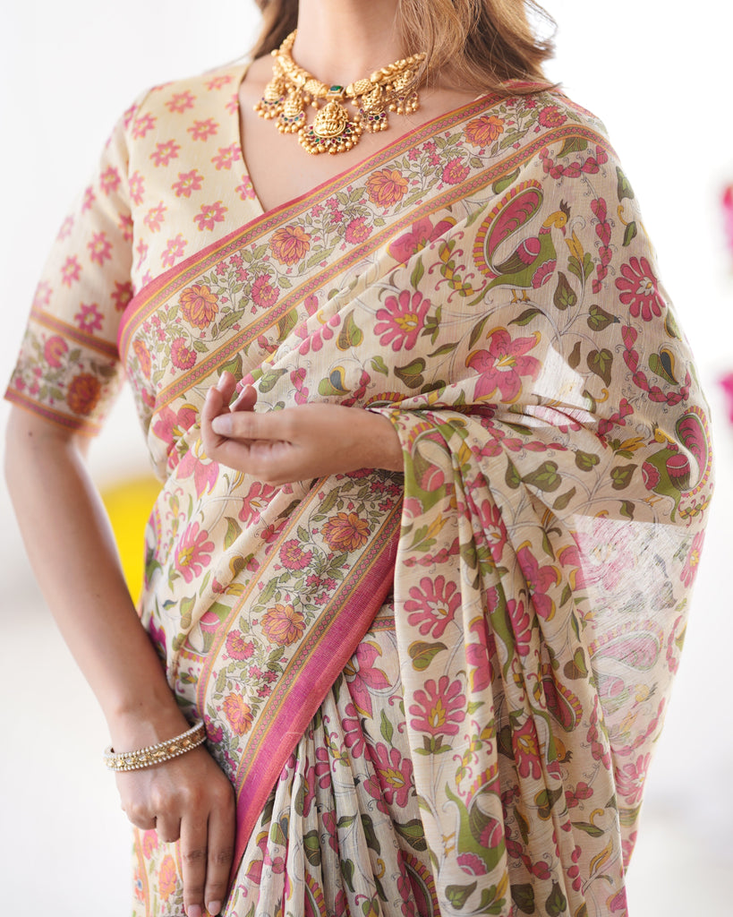 Cream Pink Handloom Linen Cotton Printed Saree with Folk Art Bird Motif Pallu LINEN HANDLOOM