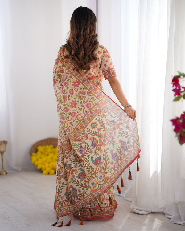 Cream Pink Handloom Linen Cotton Printed Saree with Folk Art Bird Motif Pallu LINEN HANDLOOM