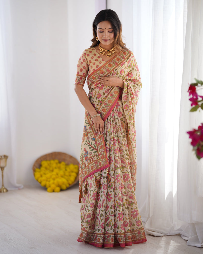 Cream Pink Handloom Linen Cotton Printed Saree with Folk Art Bird Motif Pallu LINEN HANDLOOM