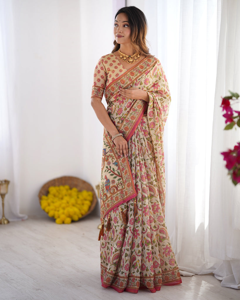Cream Pink Handloom Linen Cotton Printed Saree with Folk Art Bird Motif Pallu LINEN HANDLOOM