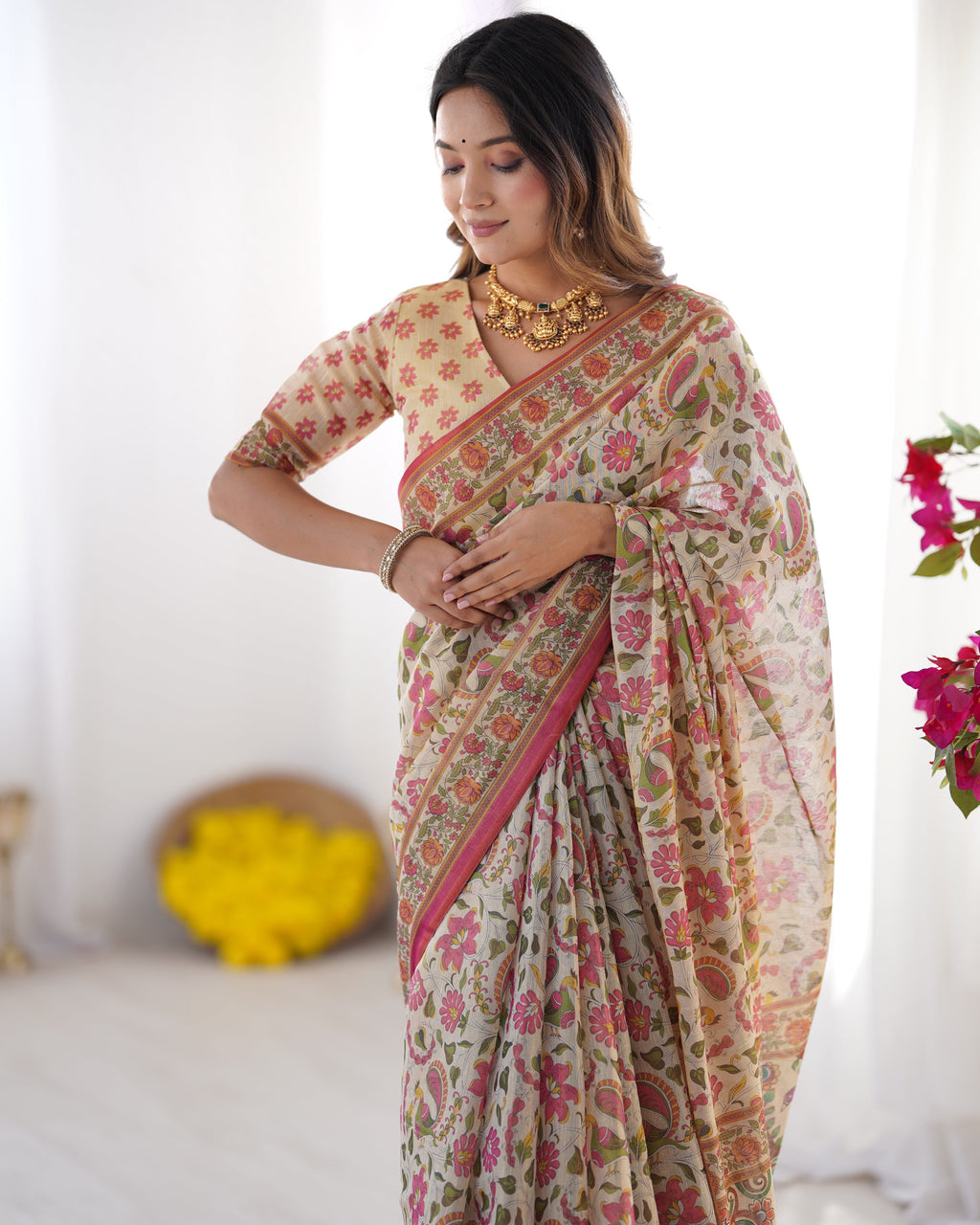Cream Pink Handloom Linen Cotton Printed Saree with Folk Art Bird Motif Pallu LINEN HANDLOOM