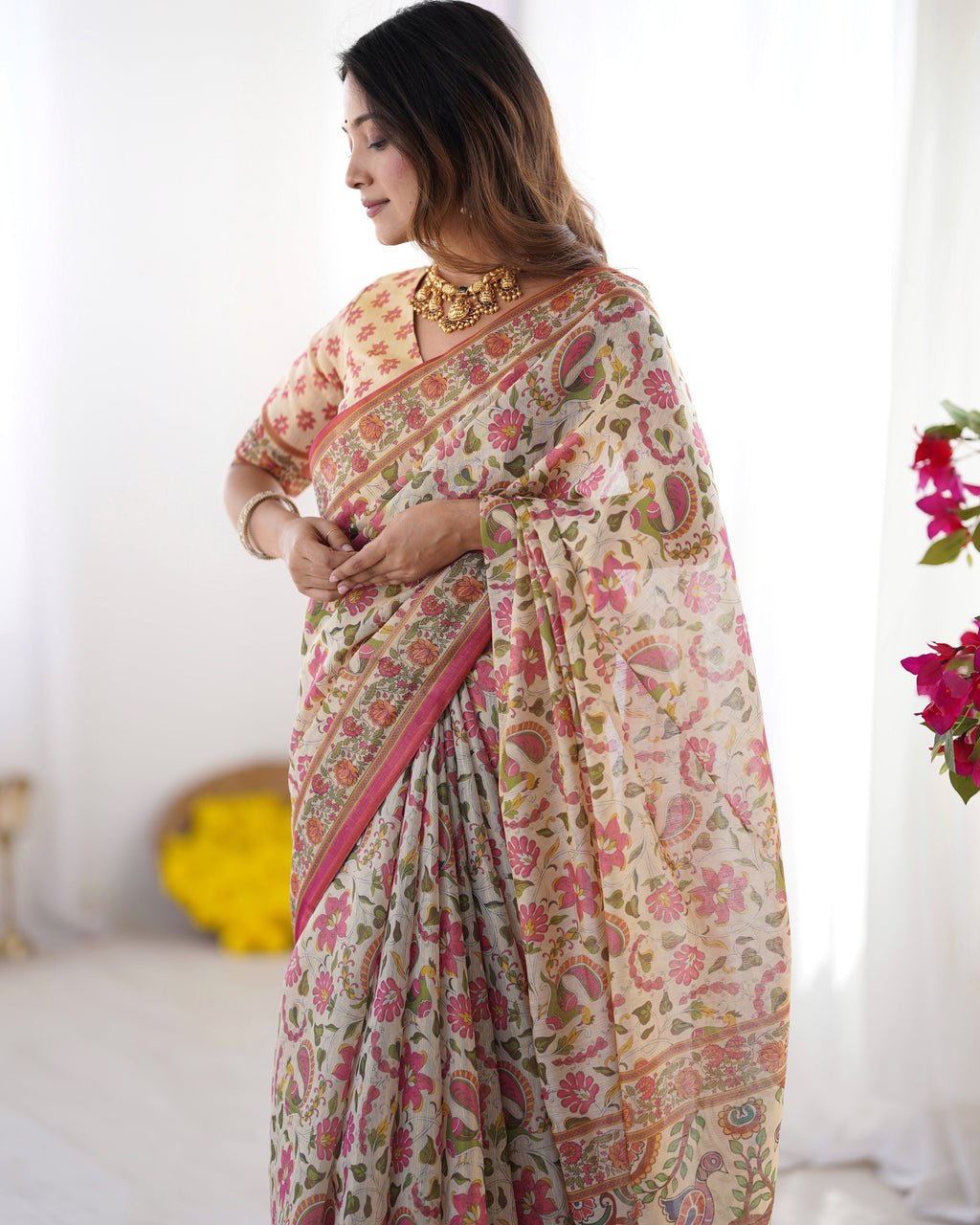 Cream Pink Handloom Linen Cotton Printed Saree with Folk Art Bird Motif Pallu LINEN HANDLOOM