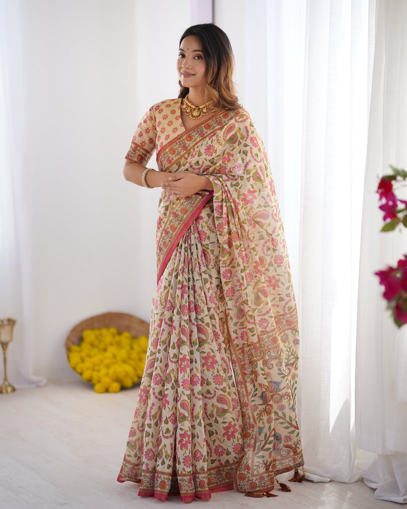 Cream Pink Handloom Linen Cotton Printed Saree with Folk Art Bird Motif Pallu LINEN HANDLOOM