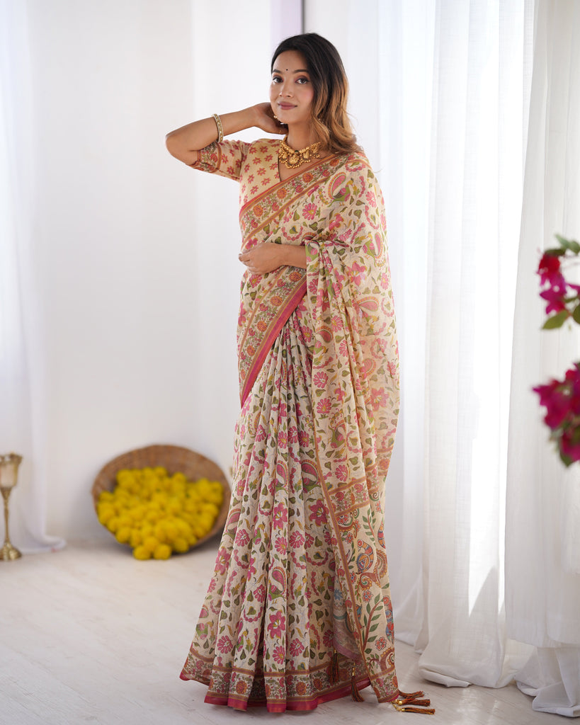 Cream Pink Handloom Linen Cotton Printed Saree with Folk Art Bird Motif Pallu LINEN HANDLOOM