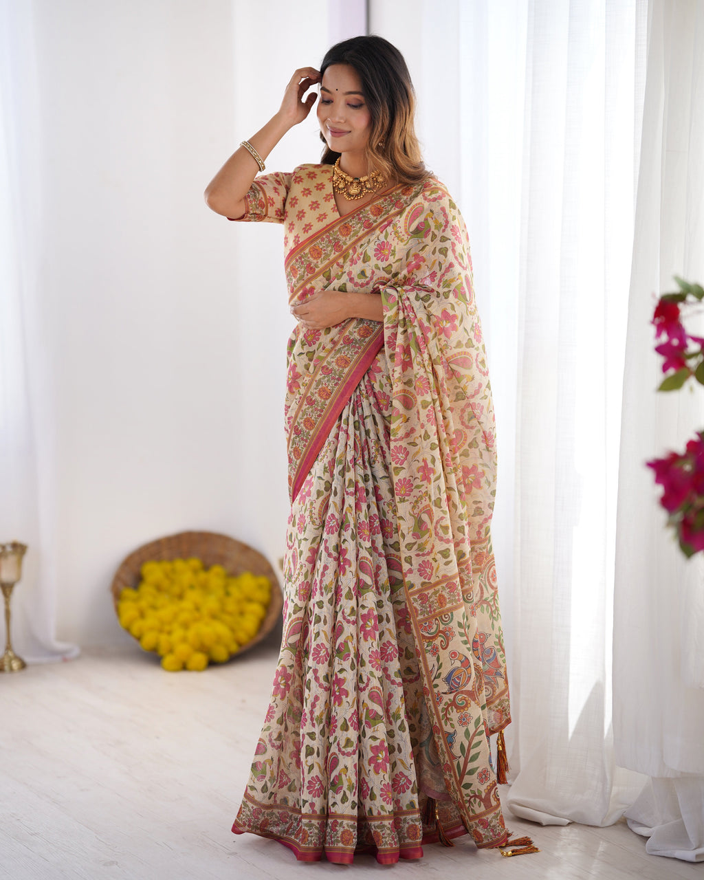 Cream Pink Handloom Linen Cotton Printed Saree with Folk Art Bird Motif Pallu LINEN HANDLOOM