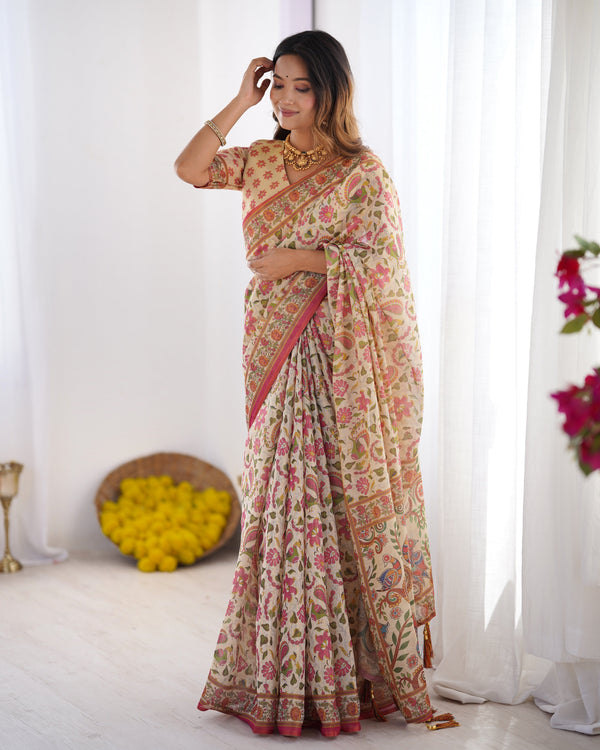 Cream Pink Handloom Linen Cotton Printed Saree with Folk Art Bird Motif Pallu LINEN HANDLOOM